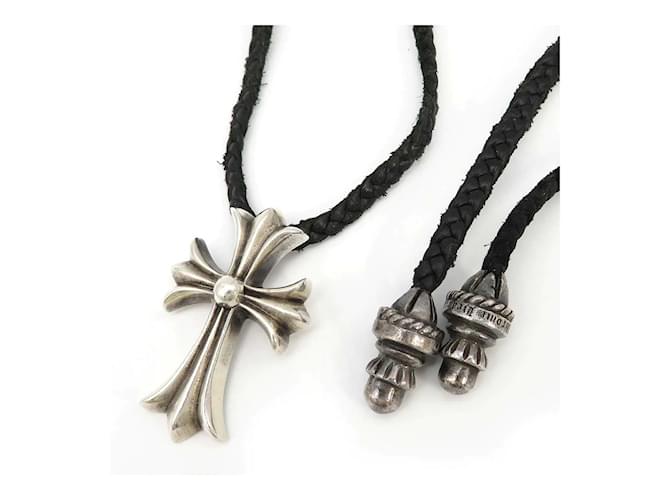 Chrome Hearts Collar con colgante de cruz de cuero trenzado Plata Metal  ref.1222223