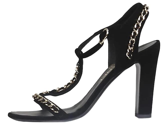 Chanel Black open-toe chain detail heels - size EU 36.5 Navy blue Suede  ref.1222398