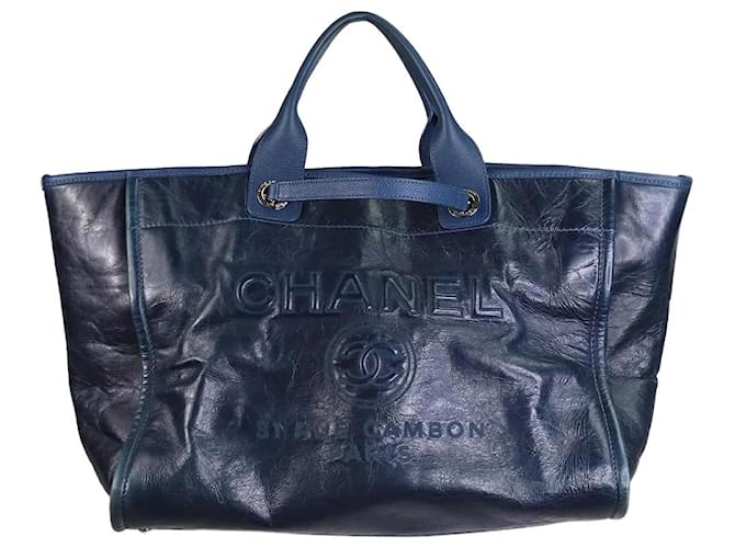 Chanel azul oscuro 2016 Bolsa de tela Deauville Cuero  ref.1222404