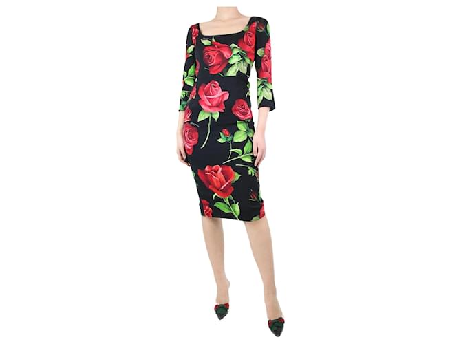 Dolce & Gabbana Robe à imprimé roses en soie mélangée noire et rouge - taille UK 12  ref.1222431