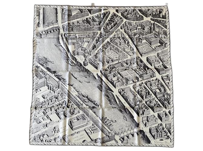 Christian Dior Mapa cuadrado de París 100% sarga de seda 88 X 86 cm - Nuevo "coleccionista" Gris Blanco roto  ref.1222465
