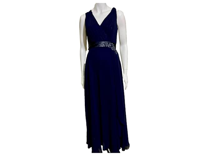 Bejewelled navy blue evening gown satin and chiffon UK 14 Jenny Packham Polyester  ref.1222467
