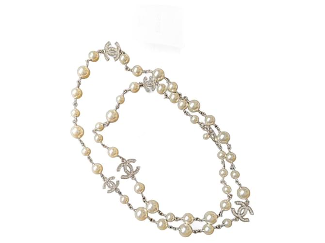 Chanel CC A14V Classic Crystal Logo Pearl Long Necklace Box Receipt Silvery Metal  ref.1222479