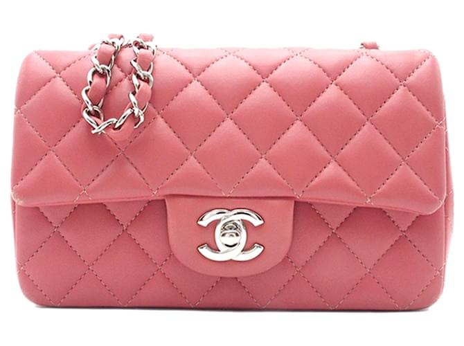 Chanel Pink Mini retangular clássico em pele de cordeiro com aba única Rosa Couro  ref.1222488