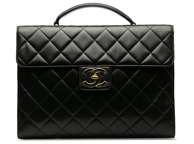 Bolsa de negócios Chanel preta CC em pele de cordeiro Preto Couro  ref.1222501