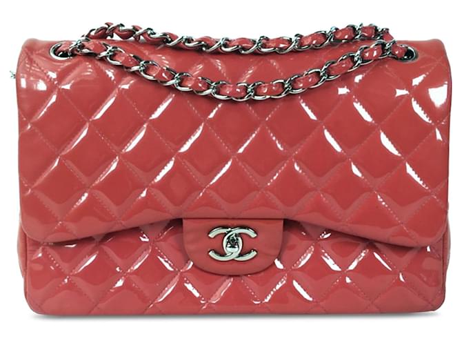 Chanel Pink Jumbo Classic Aba forrada de patente Rosa Couro Couro envernizado  ref.1222503