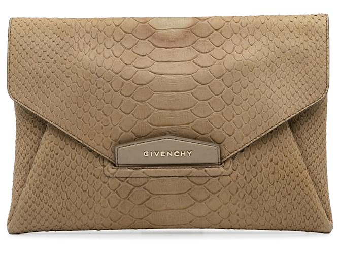 Givenchy Brown Medium Embossed Antigona Envelope Clutch Bag Beige Leather Pony-style calfskin  ref.1222536