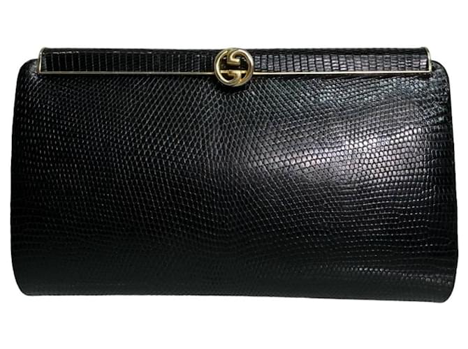 Pochette encadrée en cuir lézard noir vintage Gucci avec quincaillerie dorée Cuirs exotiques  ref.1222571