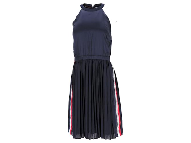 Tommy Hilfiger Womens High Neck Pleated Satin Dress in Navy Blue Polyester  ref.1222604