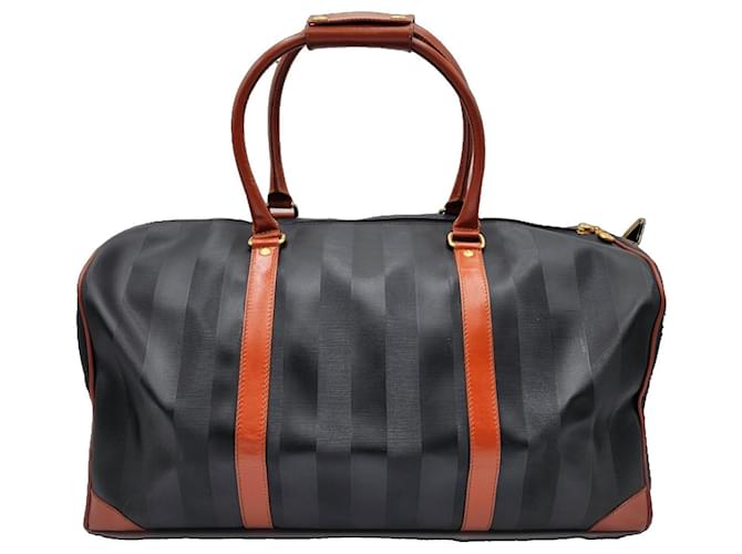 Fendi Pequin Pecan Boston Travel Bag with strap Brown Black Cloth  ref.1222683
