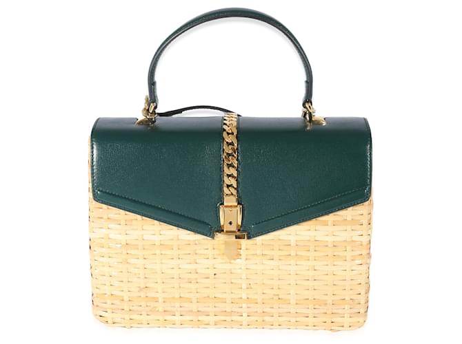 Gucci Small Sylvie Wicker Top Handle Bag Green Leather Straw  ref.1222849