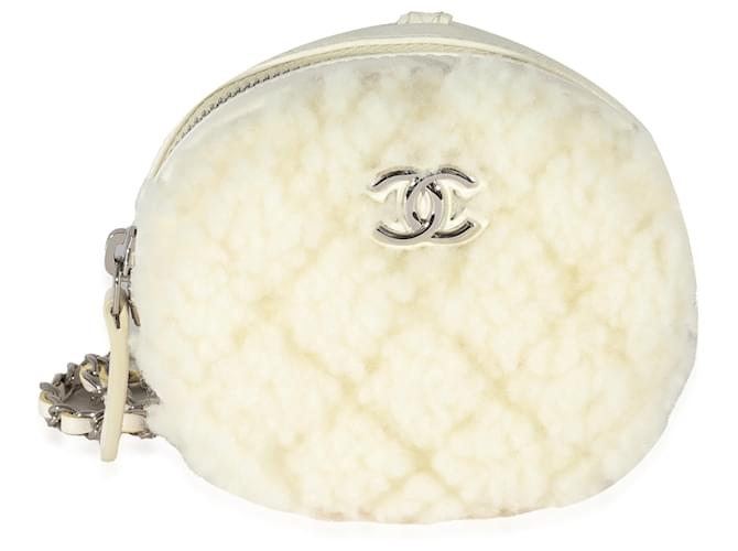 Chanel 21N White Shearling Coco Neige Mini Clutch circular con cadena Blanco Cuero Paño  ref.1222852