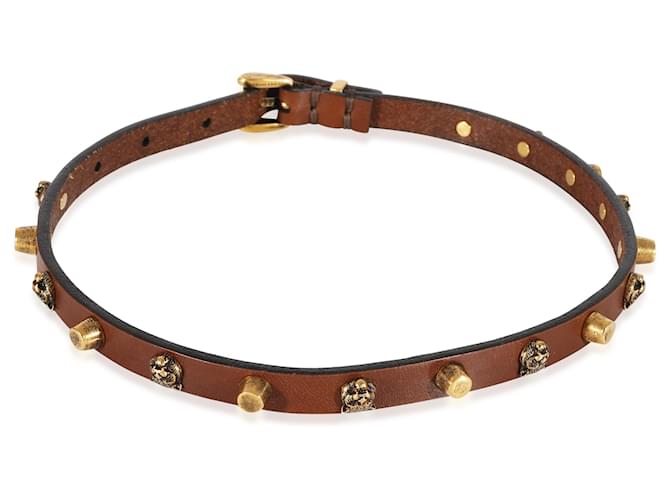 Gucci-Halsband aus braunem Leder mit Katzenkopf und Nieten in Goldton  ref.1222857