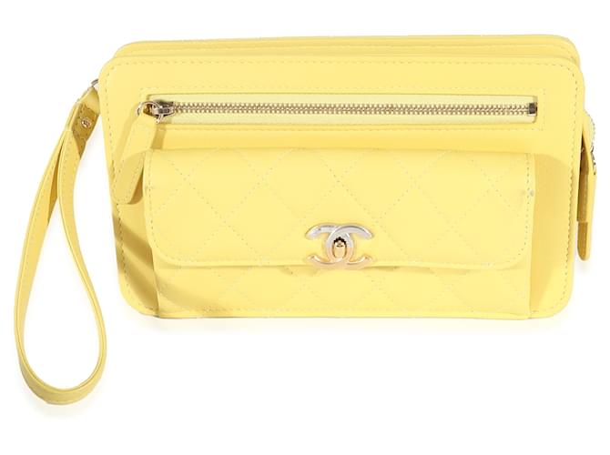 Chanel Yellow Lambskin Quilted Front Pocket Wristlet Leather  ref.1222882