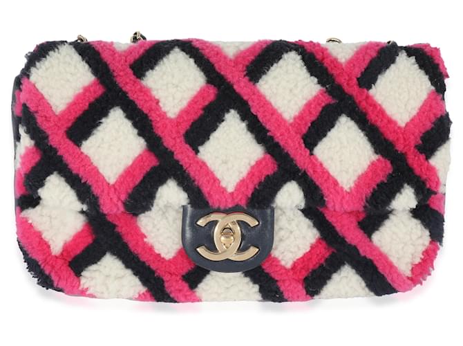 Chanel Fuchsia Navy White Shearling Lambskin Emoticon Single Flap Bag Pink Multiple colors Fur  ref.1222934