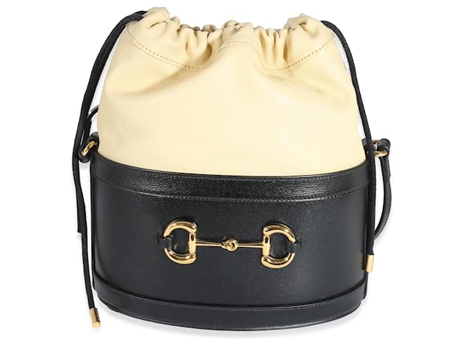 Gucci Black Beige Calfskin Horsebit 1955 Drawstring Bucket Bag Leather  ref.1222939