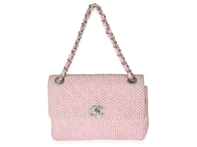Timeless Chanel Bolso pequeño con solapa CC de rafia tejida en rosa y blanco Paja  ref.1222970