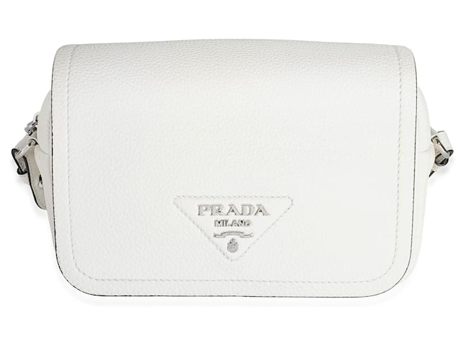 Prada White Vitello Daino Logo Crossbody Flap Bag Leather  ref.1222984
