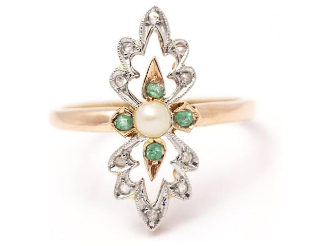 Autre Marque Gold, platinum, Pearl and Emerald Ring Silvery Golden Green Yellow gold Diamond  ref.1223460