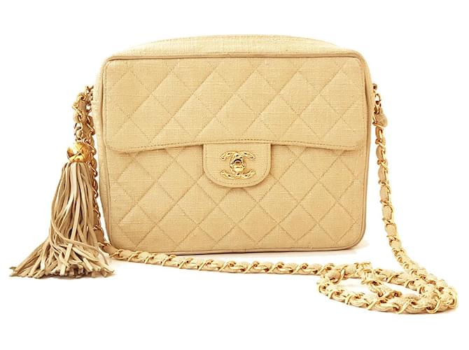 Camera Chanel Vintage Beige Quilted Bag Gold hardware Linen Lambskin  ref.1223518