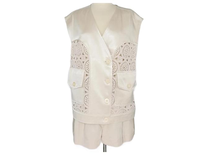 Autre Marque Nocturne Light Beige Embroidered Lace Vest & Short Set Cotton  ref.1223585