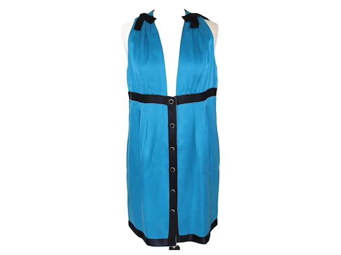 Chanel blau/Schwarzes, ärmelloses Kleid mit Schleife Seide  ref.1223610