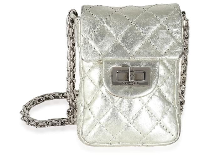 Chanel Silver Metallic Aged Calfskin Quilted 2.55 Reissue Phone Case Leather  ref.1223677