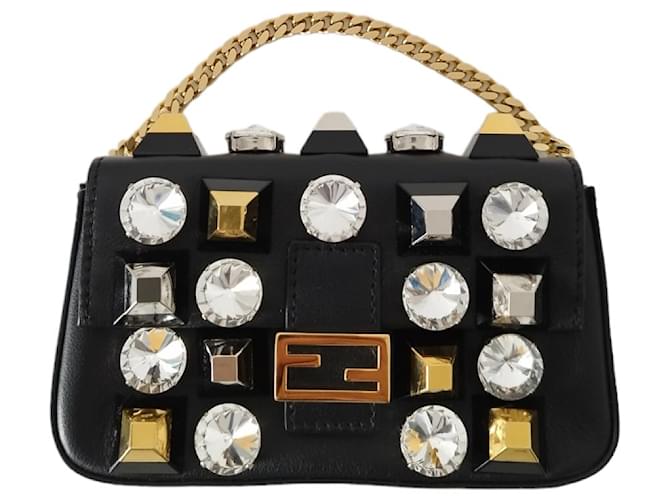 Fendi Micro Baguette bag in black leather and large rhinestones  ref.1223723