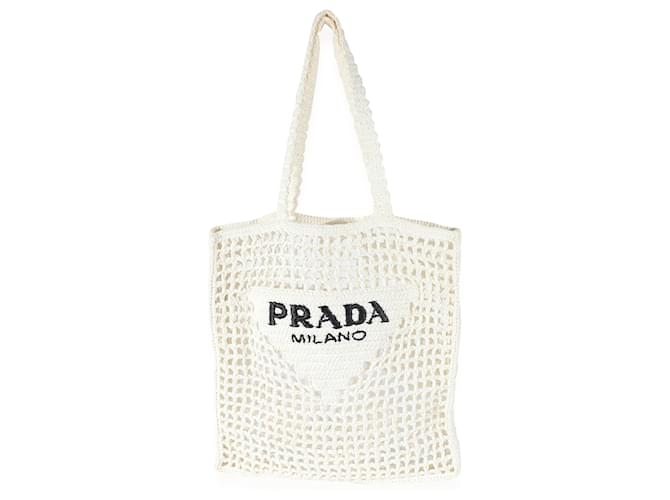 Bolso tote de rafia blanco con logo triangular de croché de Prada Paja  ref.1223760
