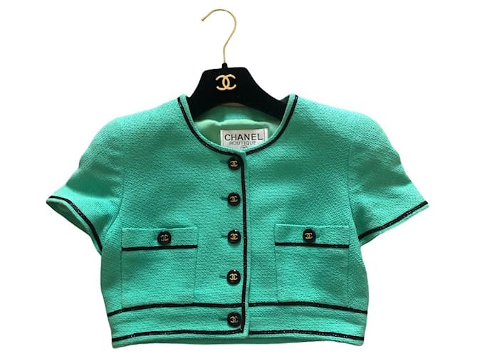 Rara giacca primavera-estate Crop Top Chanel 1995. Turchese Cotone  ref.1223854
