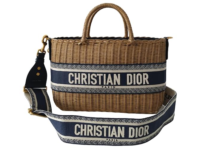 Dior Panier bag in natural wicker and navy blue oblique canvas Beige Straw  ref.1223862