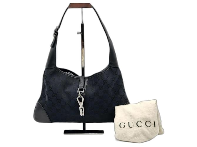 Gucci Jackie Black Navy Canvas Leather Shoulder Bag Navy blue Cloth  ref.1224246