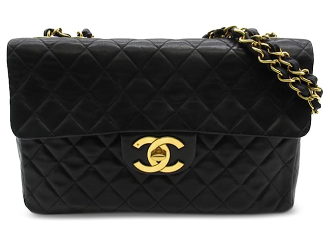 Chanel Black Jumbo XL clássico aba única de pele de cordeiro Preto Couro  ref.1224250