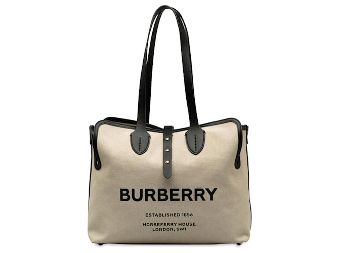 Burberry - Sac cabas en toile à ceinture souple marron Cuir Veau façon poulain Tissu Beige  ref.1224275