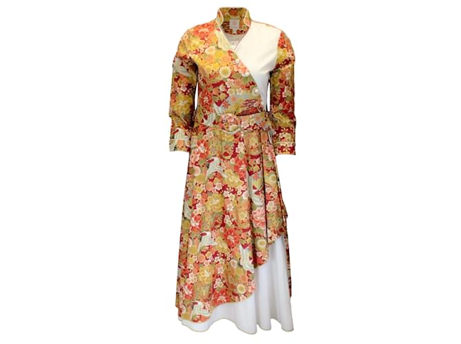 Autre Marque Gul Hurgel Red / Green Multi Floral Printed Belted Cotton Midi Dress Multiple colors  ref.1225095