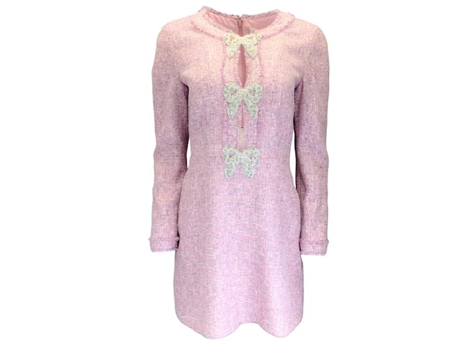 Autre Marque Saloni Camille Baby Pink Pearl Embellished Bow Detail Sequined Tweed Short Dress Cotton  ref.1225100