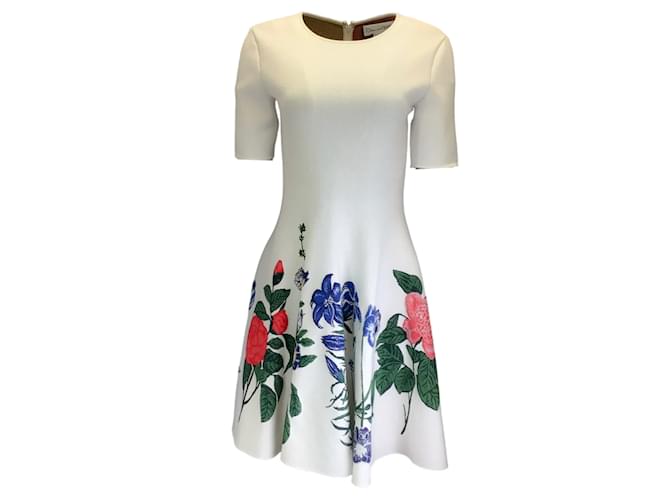 Oscar de la Renta Ivory Floral Jewel Neck A-Line Dress Cream Cotton  ref.1225102