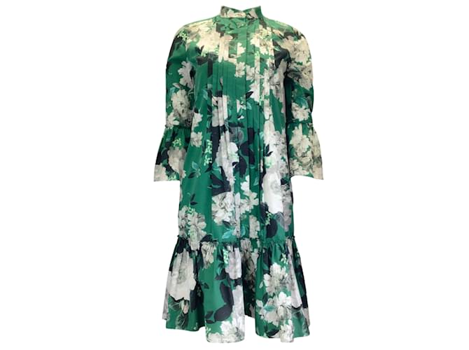 ERDEM Green Multi Floral Printed Winford Dress Cotton  ref.1225125
