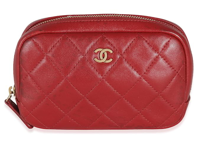 Chanel-Kosmetiketui aus rotem, gestepptem Lammleder mit kleinem, kurvigem Beutel  ref.1225182