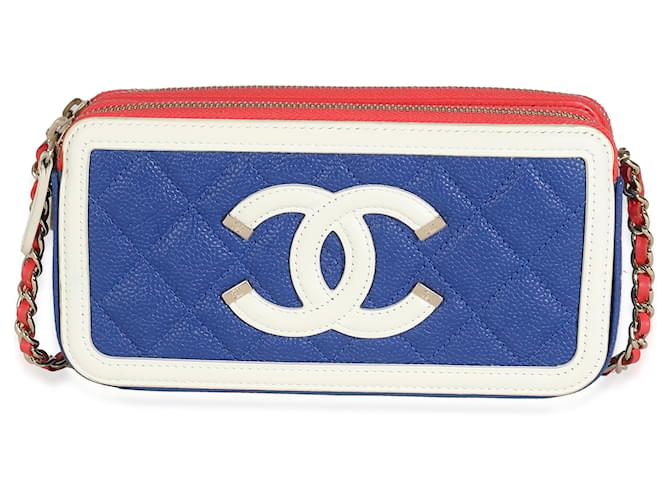 Chanel Blue White Red Quilted Caviar Double Zip Filigree Clutch Leather  ref.1225204