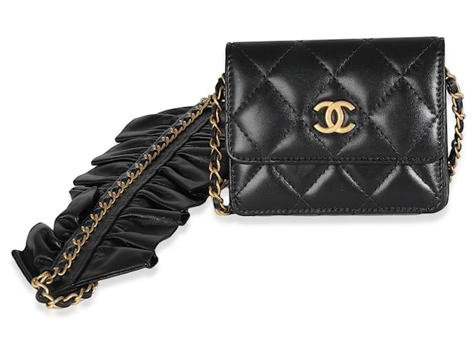 Chanel Black Quilted Lambskin Ruffled Card Holder On Chain Leather  ref.1225205