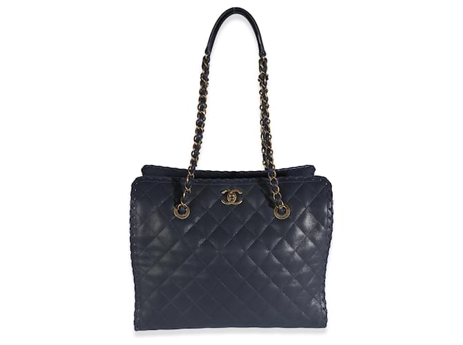 Chanel Navy Iridescent Quilted calf leather Happy Stitch Tote Blue  ref.1225224