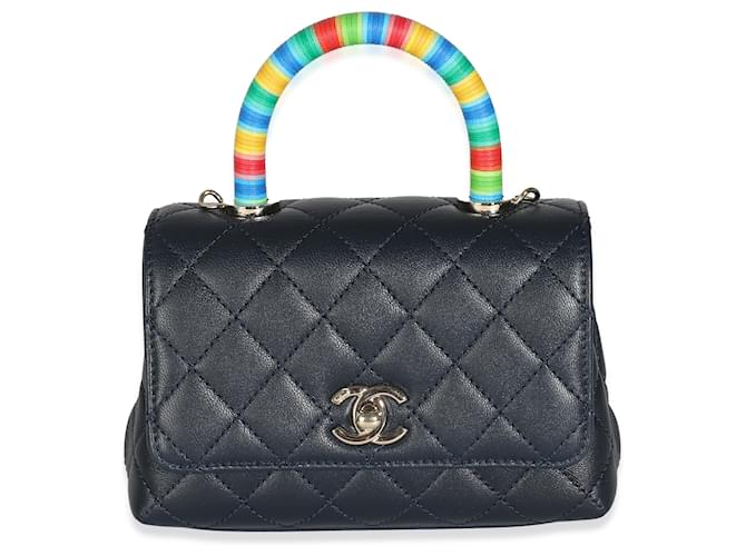 Chanel Navy Quilted Goatskin Rainbow Extra Mini Coco Top Handle Bag Blau Mehrfarben Leder  ref.1225229