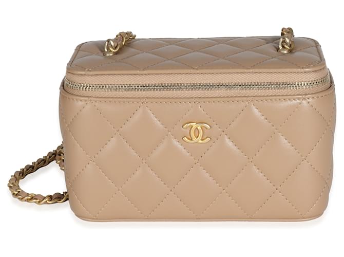 Chanel 22B Beige Quilted Lambskin Small Pearl Crush Vanity Case With Chain Brown Leather  ref.1225269