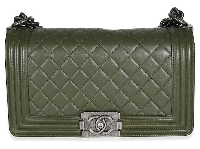 Chanel Green Quilted Lambskin Old Medium Boy Bag Leather  ref.1225275
