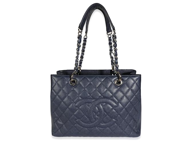 Chanel Navy Quilted Caviar Grand Shopping Tote Blue Leather  ref.1225277