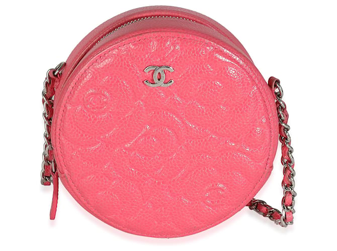 Chanel Pink Camellia Embossed Caviar Round Mini Pouch mit Kette Leder  ref.1225292