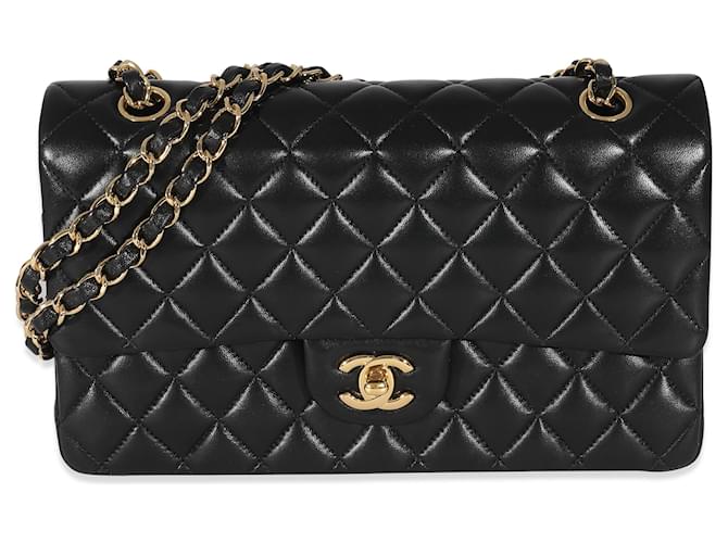 Bolsa Chanel Black Acolchoada Pele de Cordeiro Médio Clássico Forrado com Flap Preto Couro  ref.1225319