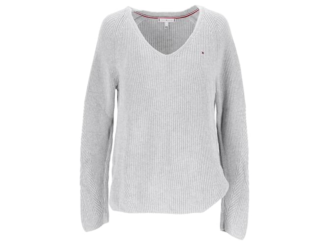 Tommy Hilfiger Womens Rib Knit V Neck Relaxed Fit Jumper Grey Cotton  ref.1225480