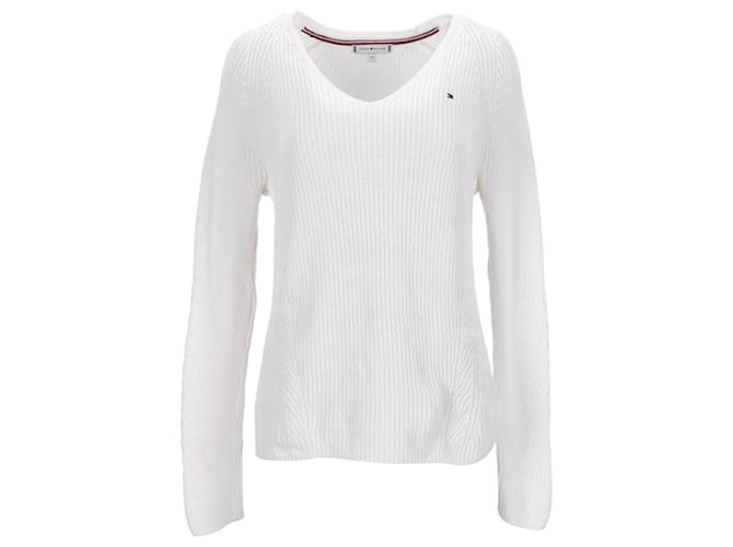 Tommy Hilfiger Womens Rib Knit V Neck Relaxed Fit Jumper White Cotton  ref.1225481